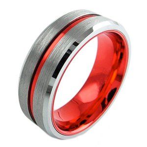 Men's Tungsten Wedding Band (8mm). Silver Matte Finish with Double Red Tone Ring